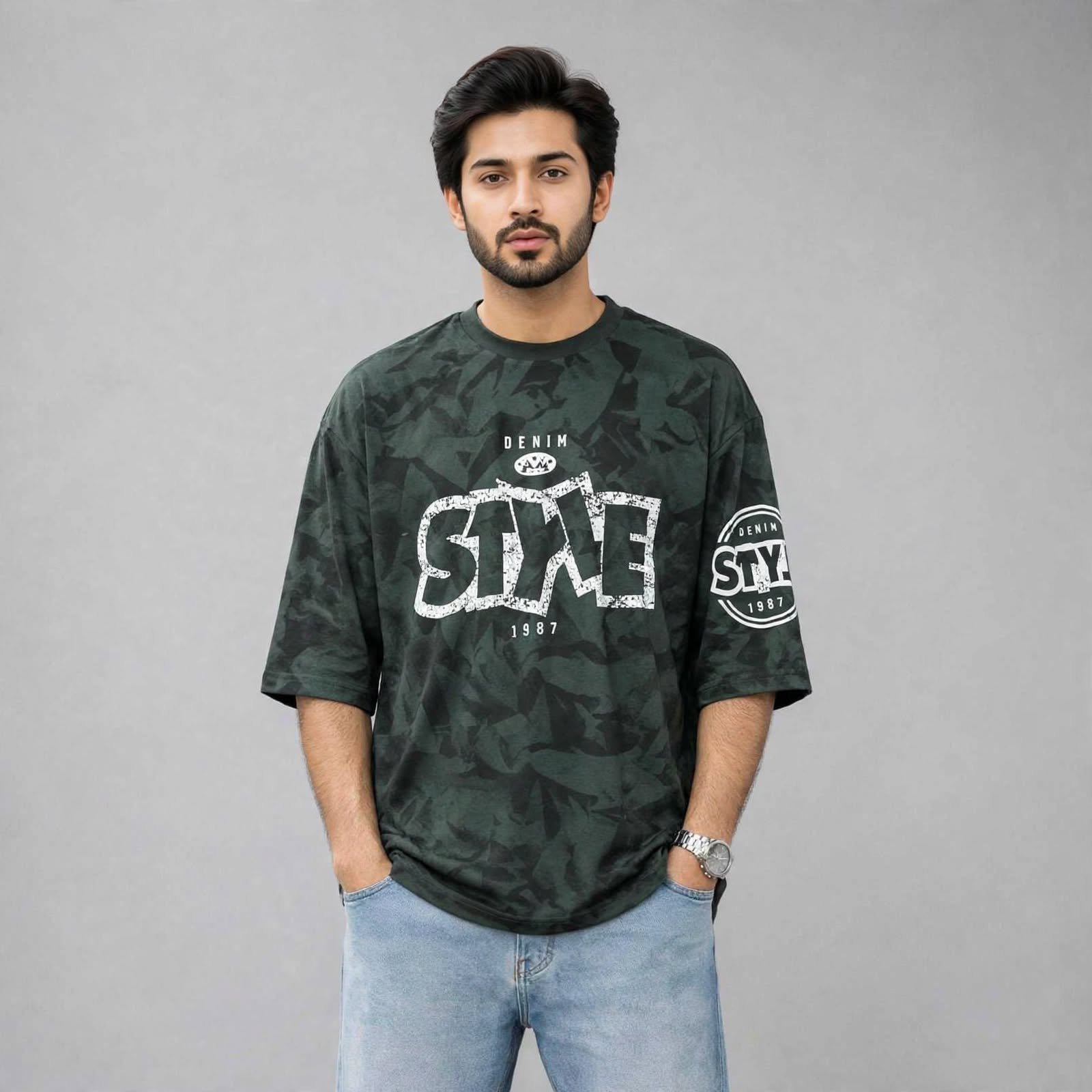 Style 1987 Camo Oversized Drop Shoulder T-Shirt – Dark Olive Green