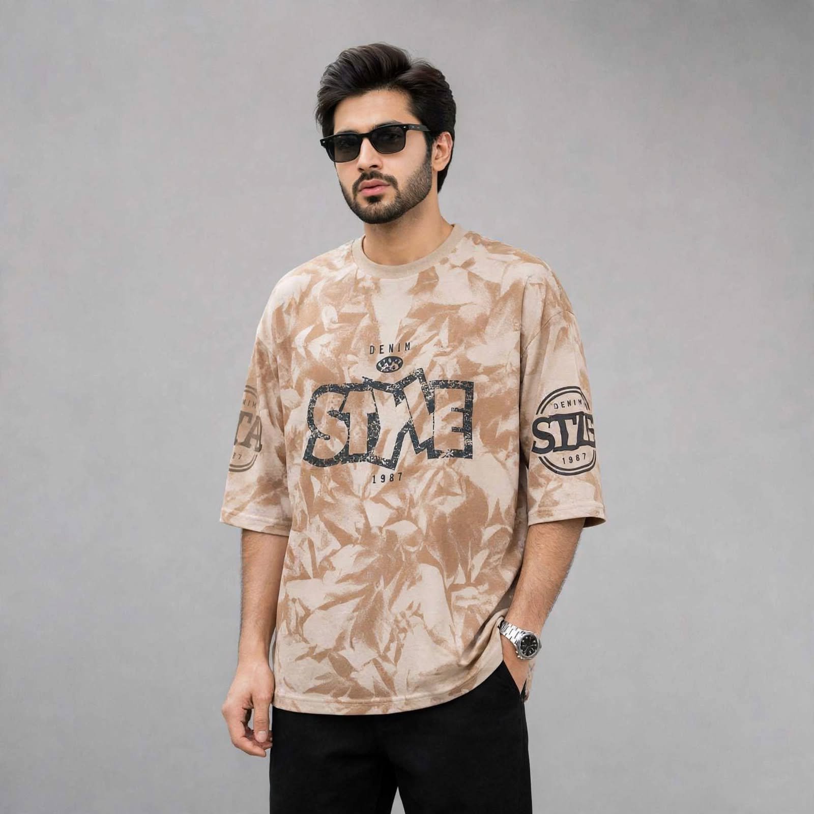 Style 1987 Camo Oversized Drop Shoulder T-Shirt – beige