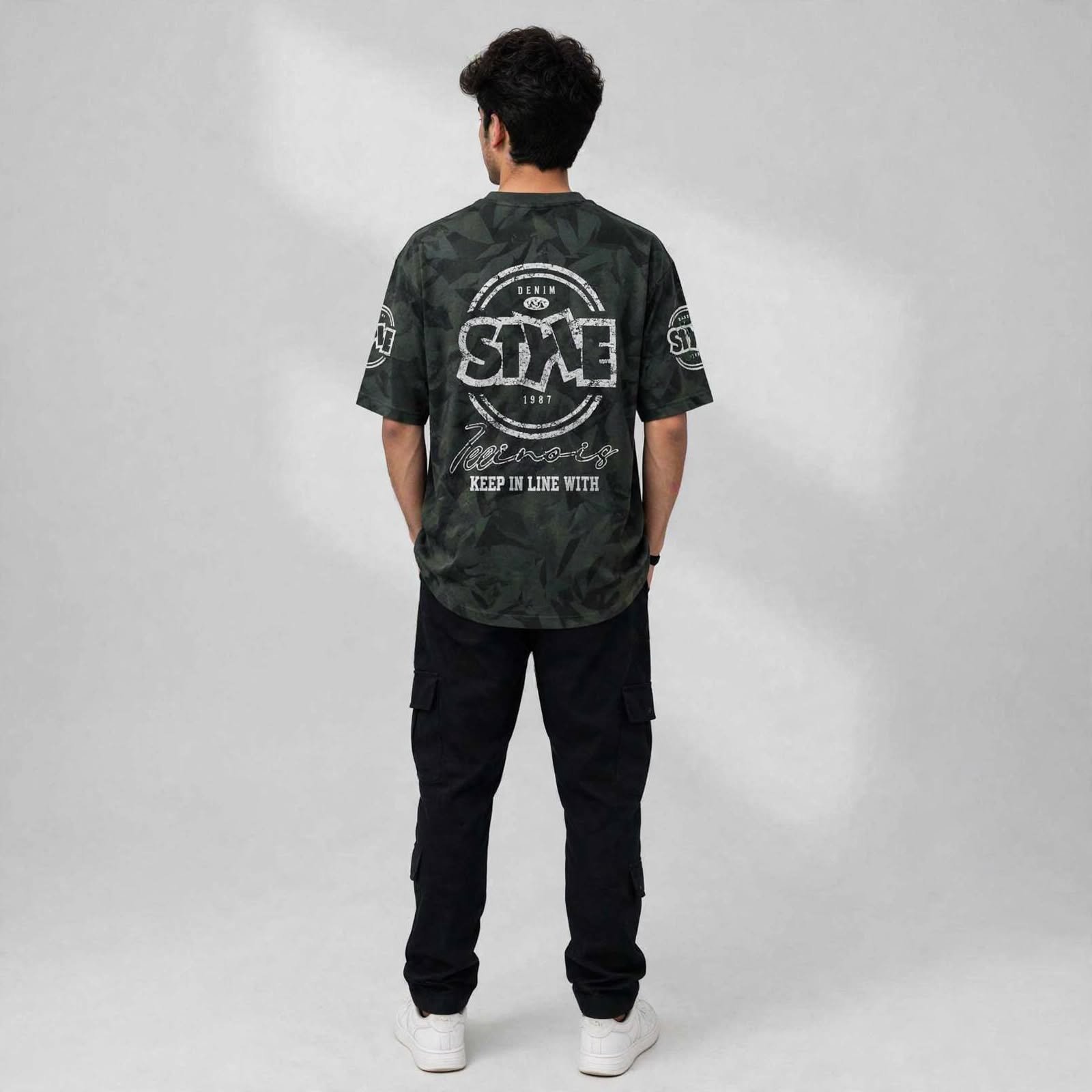 Style 1987 Camo Oversized Drop Shoulder T-Shirt – Dark Olive Green - Image 2