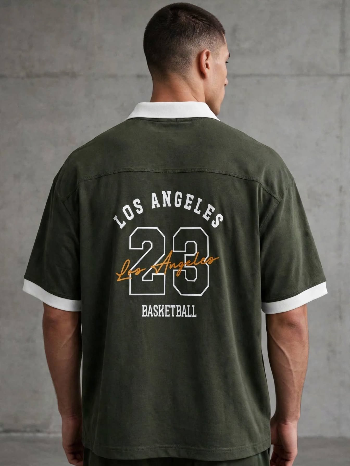 LA 23 Varsity Drop Shoulder Polo Shirt – Olive Green - Image 3