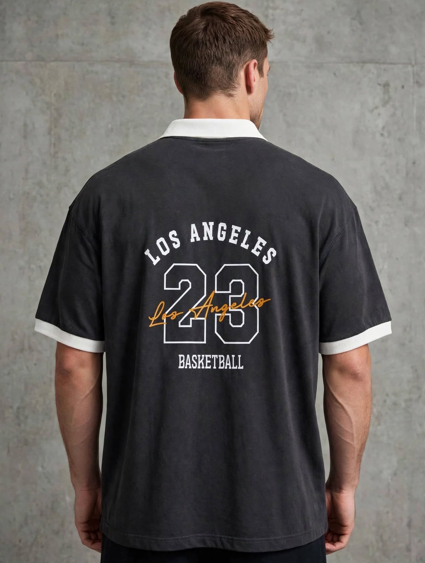 LA 23 Varsity Drop Shoulder Polo Shirt – Charcoal - Image 2