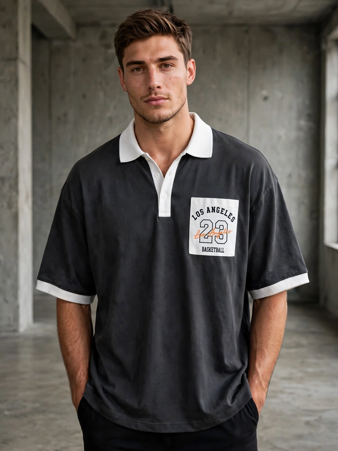 LA 23 Varsity Drop Shoulder Polo Shirt – Charcoal