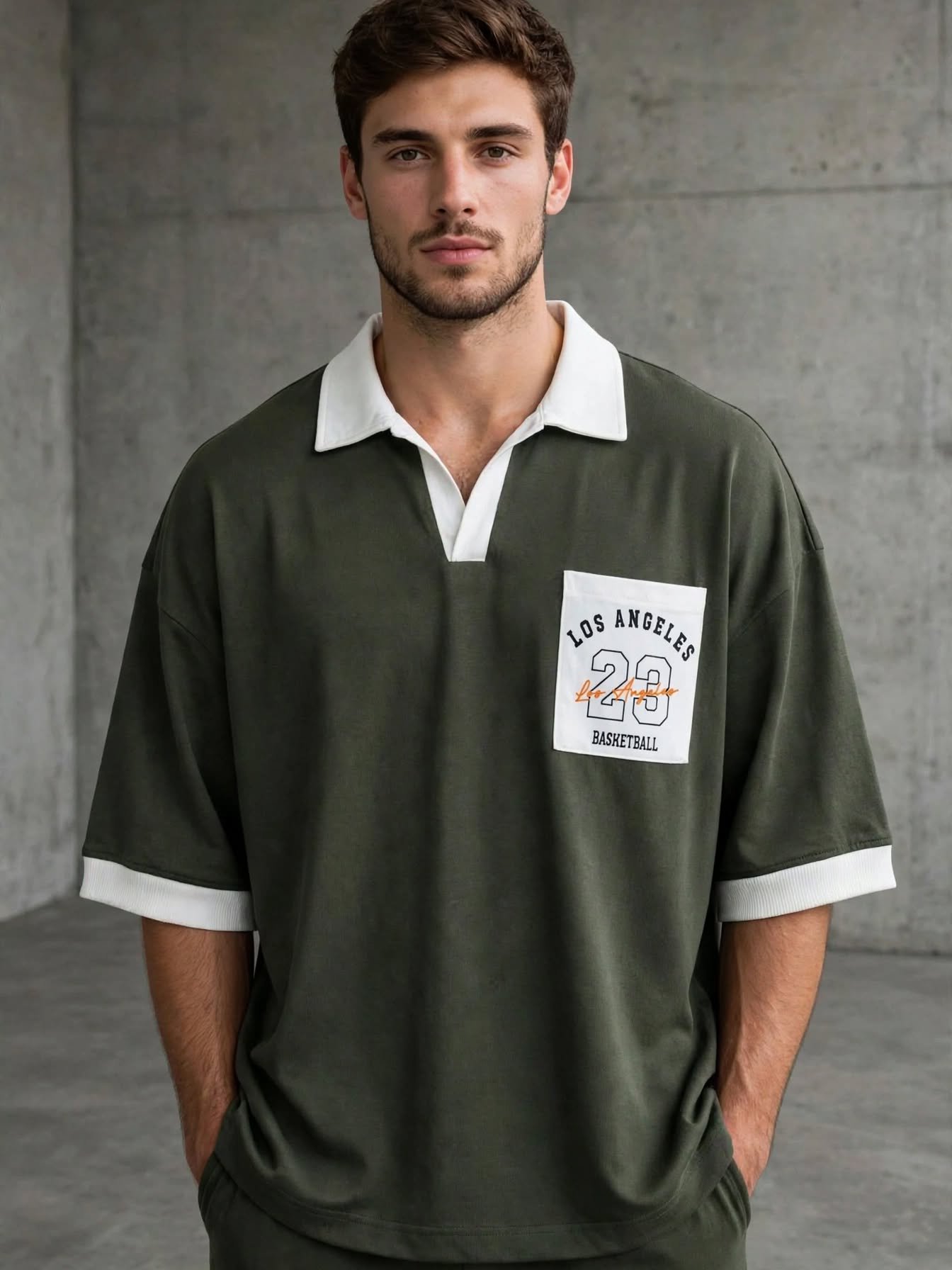 LA 23 Varsity Drop Shoulder Polo Shirt – Olive Green