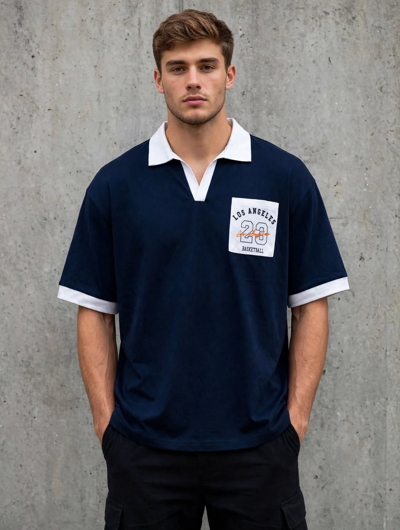 LA 23 Varsity Drop Shoulder Polo Shirt – Navy Blue