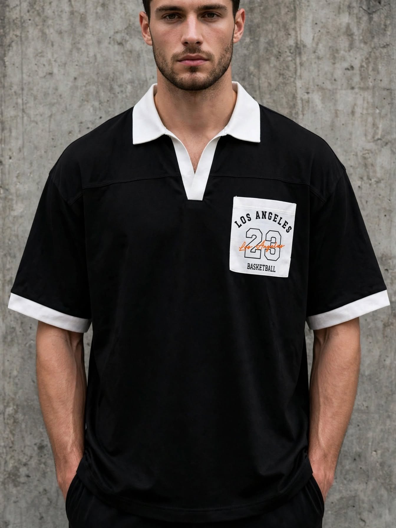 LA 23 Varsity Drop Shoulder Polo Shirt – Black