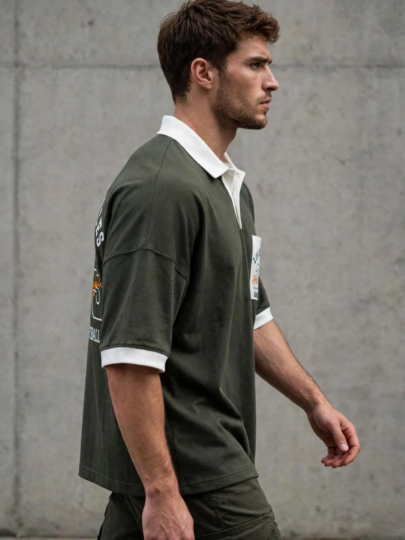 LA 23 Varsity Drop Shoulder Polo Shirt – Olive Green - Image 2