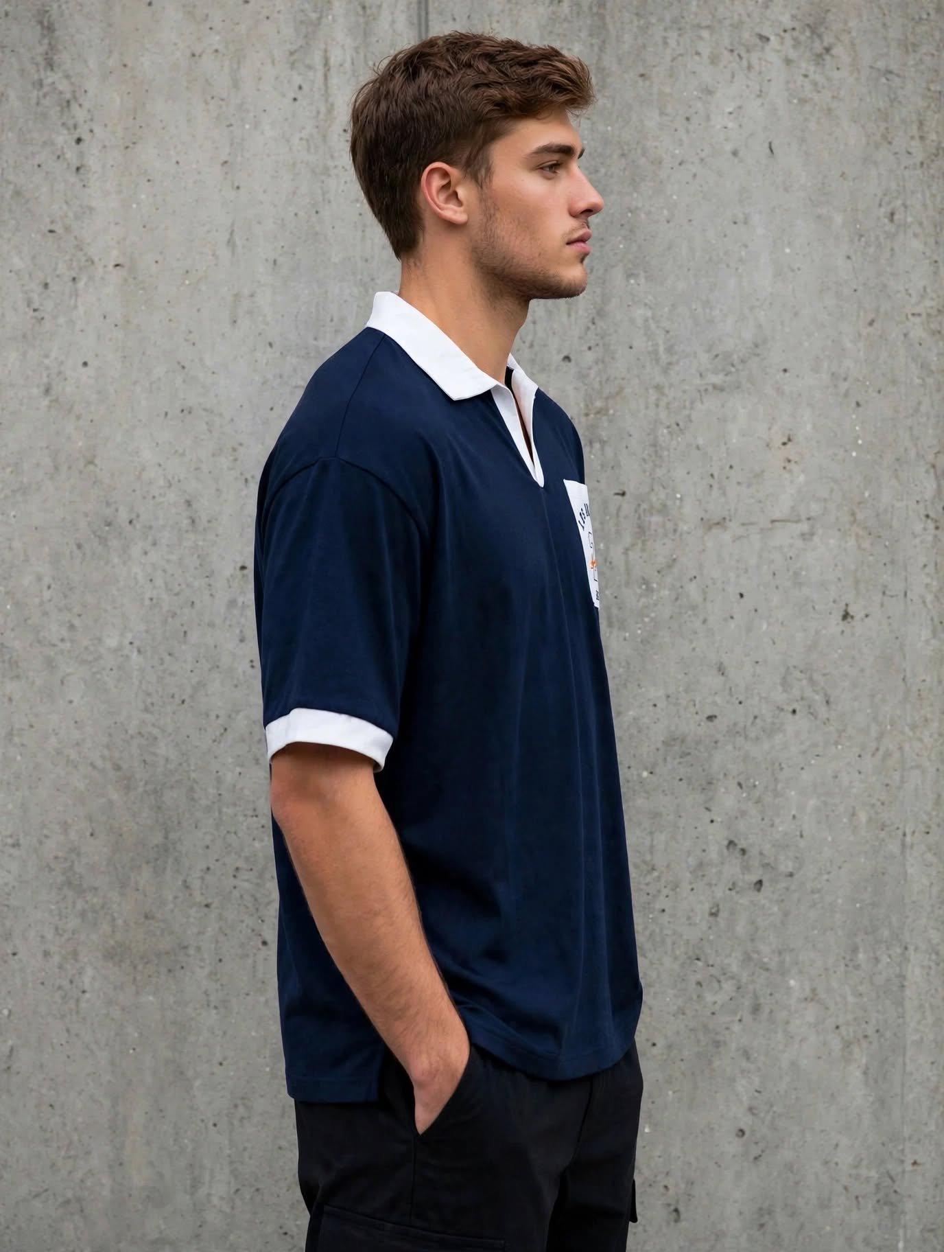 LA 23 Varsity Drop Shoulder Polo Shirt – Navy Blue - Image 3