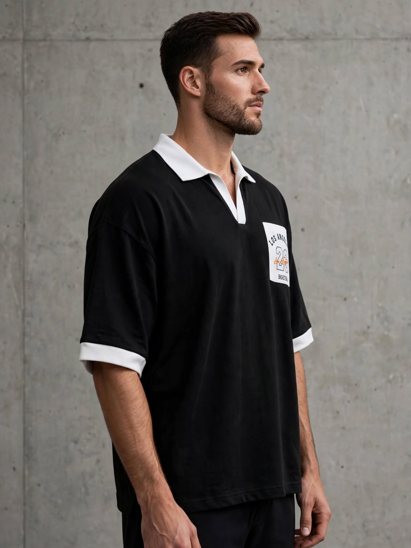 LA 23 Varsity Drop Shoulder Polo Shirt – Black - Image 2