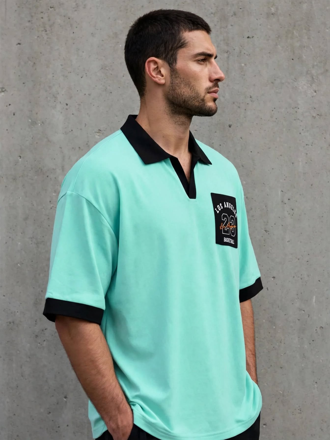LA 23 Varsity Drop Shoulder Polo Shirt – Mint Aqua - Image 3