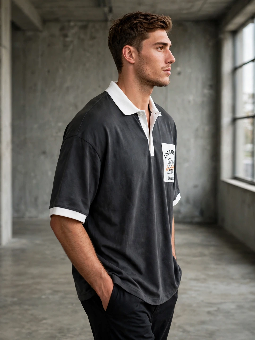 LA 23 Varsity Drop Shoulder Polo Shirt – Charcoal - Image 3